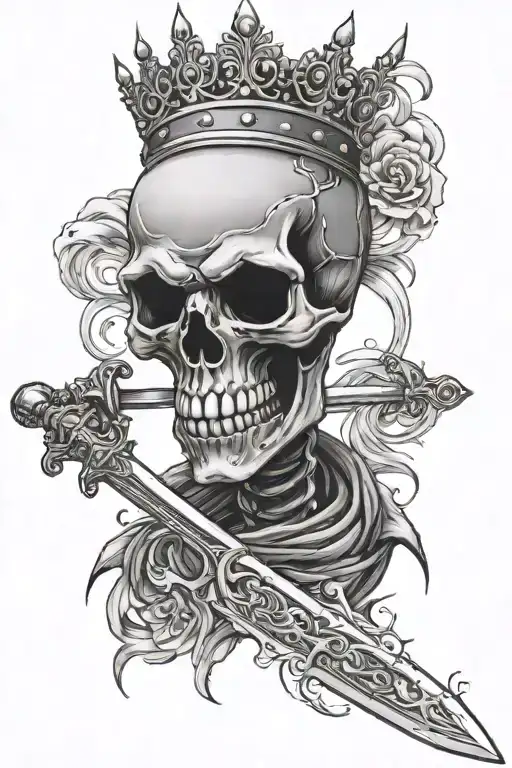 A Skeleton Holding A Sword With Seven Crowns Hanging From The Sword