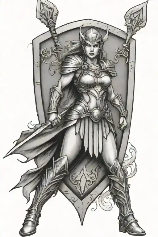 Valkyrie Warrior Holding Spear And Shield With Runes Of Feminine Power On Shield