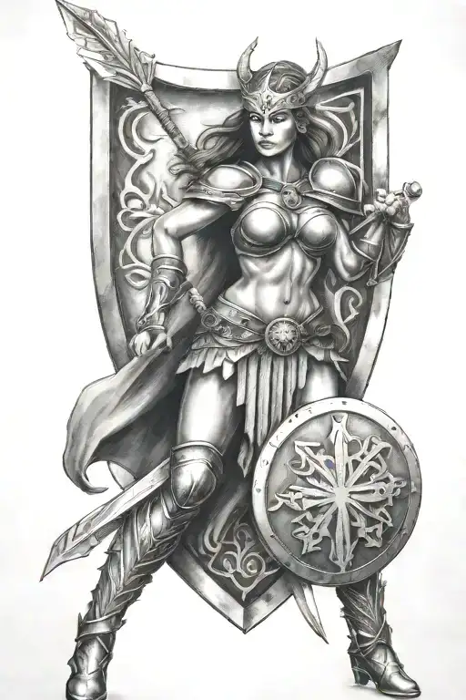 Valkyrie Warrior Holding Spear And Shield With Runes Of Feminine Power On Shield