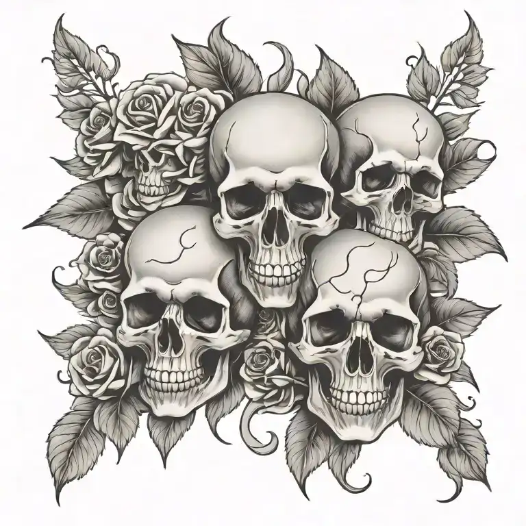 Skulls With Roses Blooming