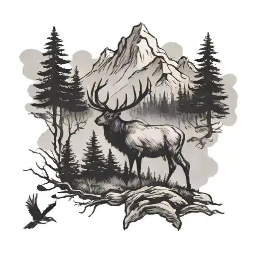 Forest Mountain Scenery With Elk And Birds Flying
