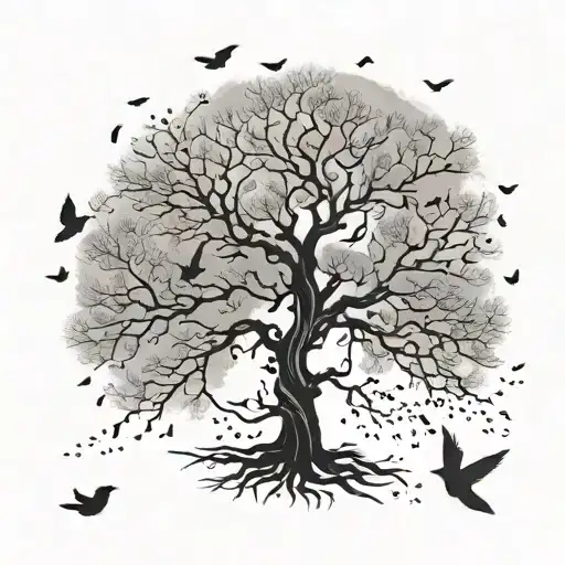 Tree With Birds Flying Around It