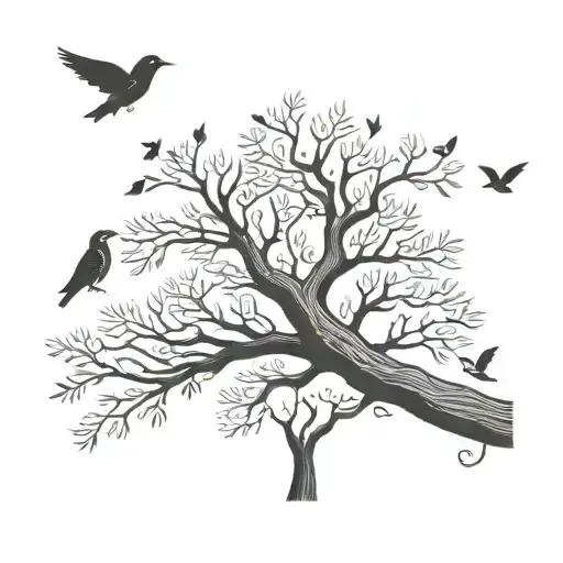 A Simple Tree With Three Birds Flying Around The Trunk
