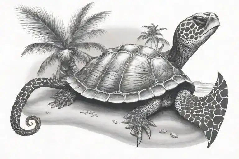 Nemo Squirt Turtle And An Ocean Beach With Palm Trees