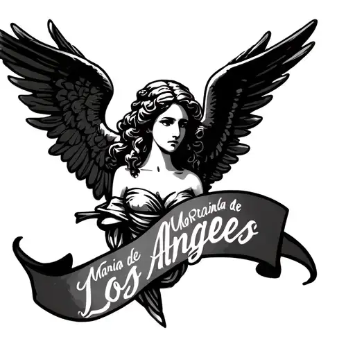 A Neck Tattoo With The Name Maria De Los Angeles With An Angel