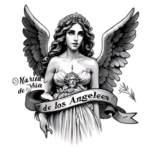 Tattoo With The Name Maria De Los Angeles With An Angel In The Back