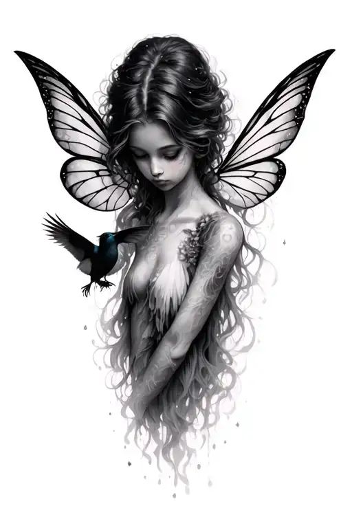 Fairy With Head Bowed Fading Away Body Turning Into Birds