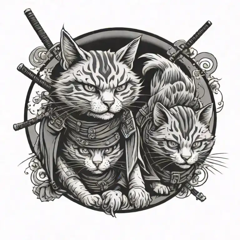 Two Twin Samurai Cats In A Japanese Town