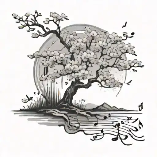 A Black And Grey Tattoo Of A Cherry Blossom Tree With Musical Notes Floating Around It