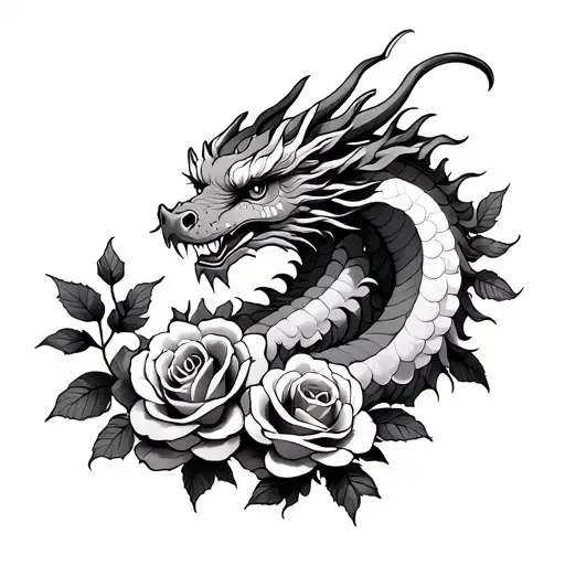 Traditional Japanese Dragon With Roses