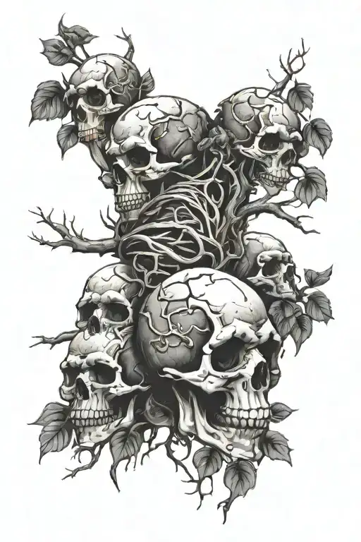 Pile Of Dirty Skulls With Tree Branches Going Throughout On Fire