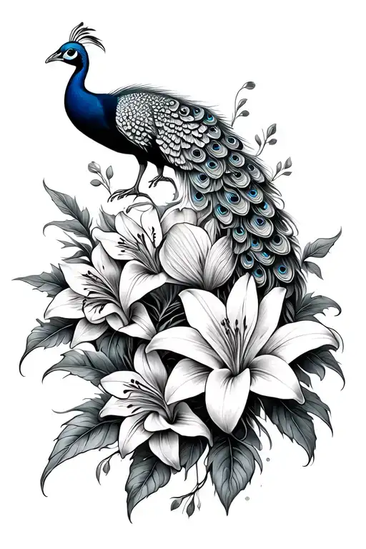 Peacock And Lilies Intertwined