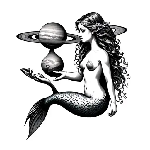 Mermaid Holding Saturn In One Hand And A Mushroom In The Other Hand