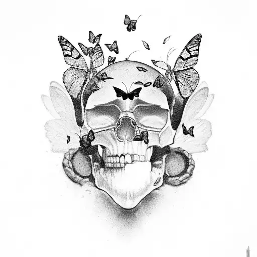 Broken Skull With Butterflies