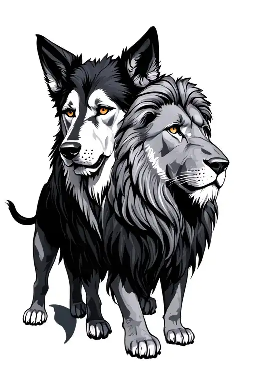Black Lion And Grey Woof Standing Side By Side