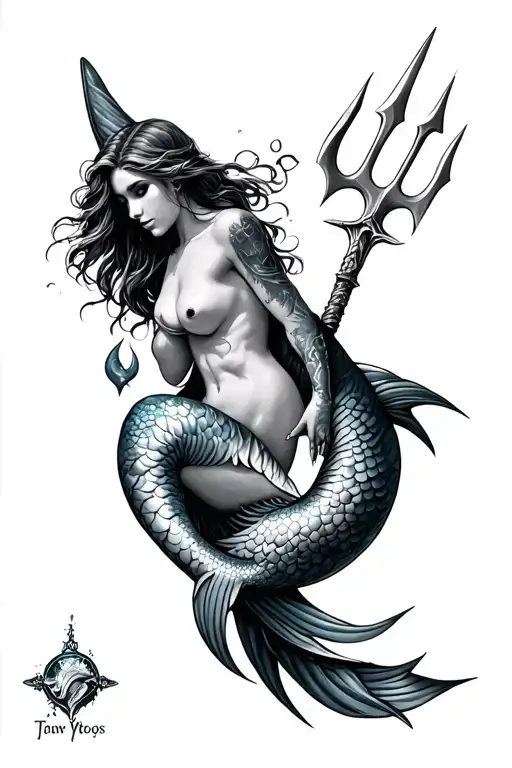 Create An Arm Sleeve With A Siren Mermaid And A Trident And Greatwhite Shark