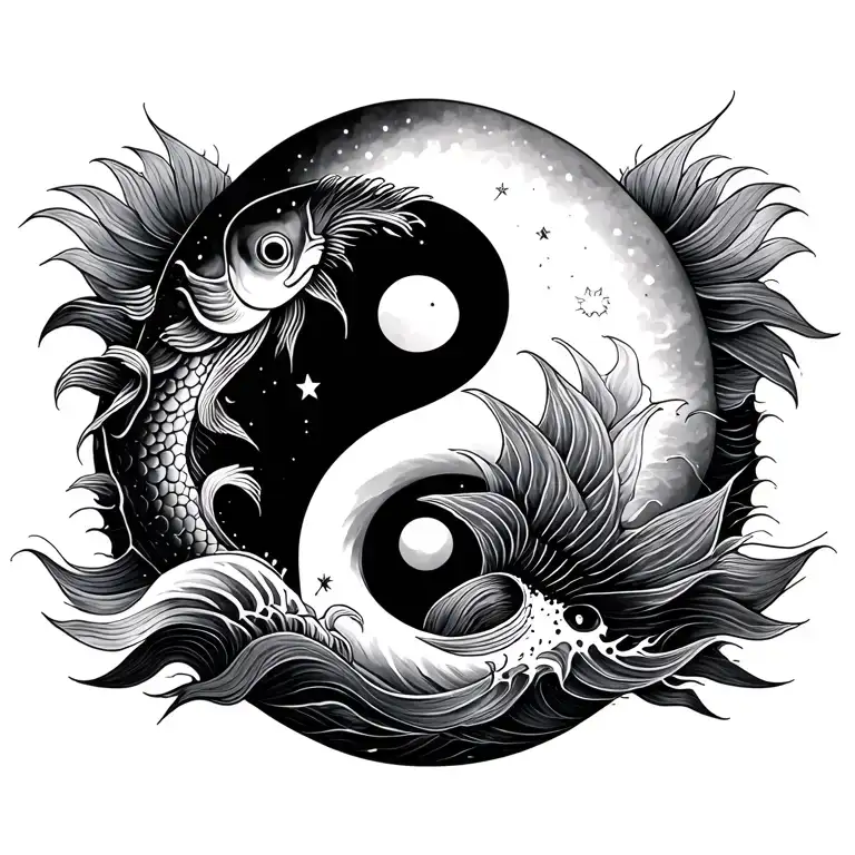 Ying Yang Fish With The Sun And Moon And Waves
