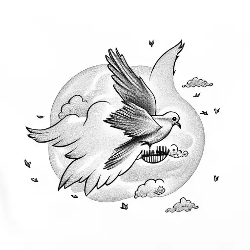 Dove Flying Into Clouds With Sun And Flowers