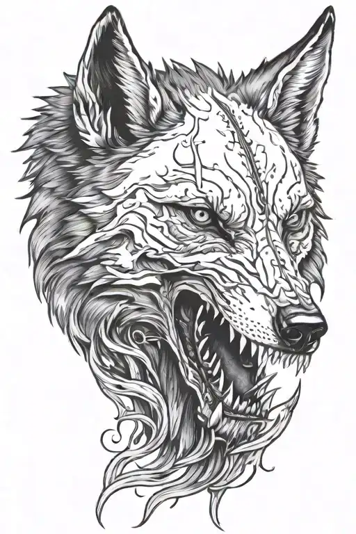 Half Wolf And Half Wolf Skull With Bleeding And Tore Flesh