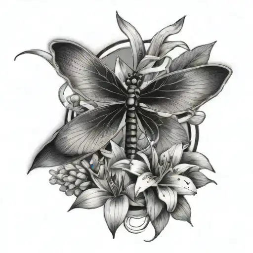 Dragon Fly With Lily Flowers