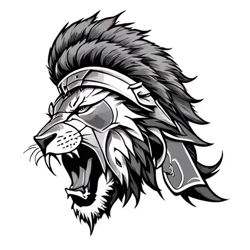 Roaring Lioan And Spartan Tattoo For Leg Sleeve