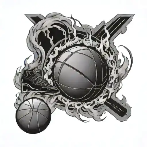 Basketball With A Court Inside And Fire Behind It