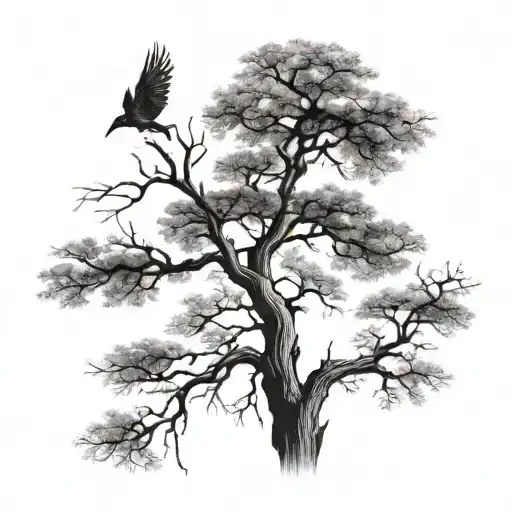 A Long Dry Tree And A Bird Flying From It