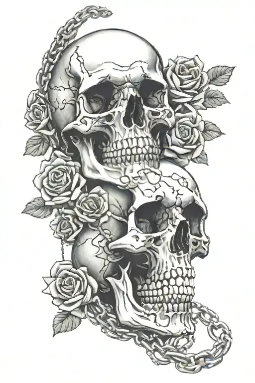 Skull With Roses Intertwined With Chains Around It Going Down The Arm