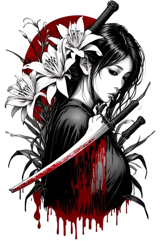Female Japan Girl With A Bloody Katana And Blood Dripping Down Onto A Bunch Of Spider Lilies