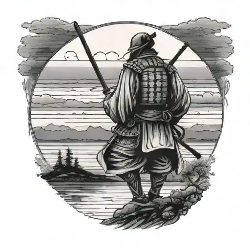 Lone Samurai Looking Into Sunset