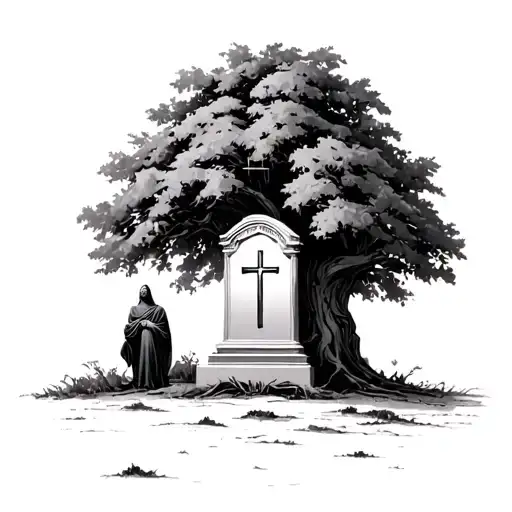 Sensenmann Who Stands Behind A Tree In Front Of The Tree Is A Tomb With A Cross