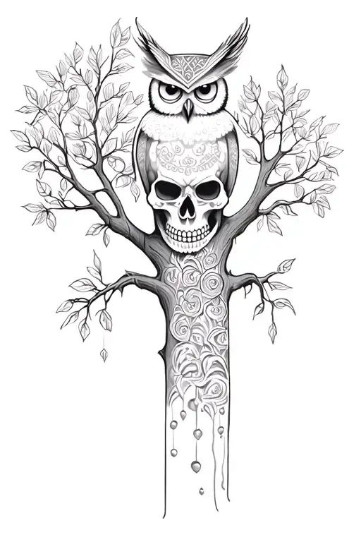Life Tree With A Owl On Top Of A Mexican Skull
