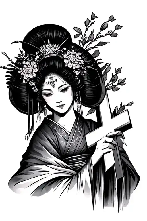 A Geisha Holding A Christian Cross