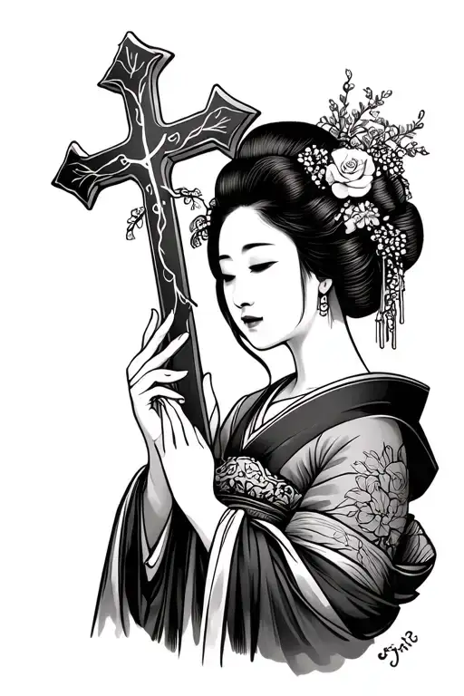 A Geisha Holding A Christian Cross