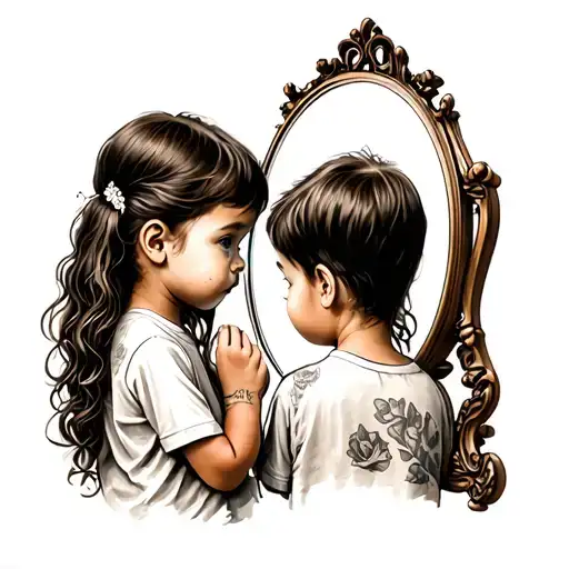 Brown Little Girl Looking At The Reflection Of Herself In A Mirror But Sees Herself As A Little Boy