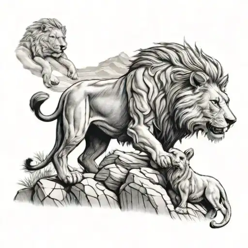 A Lion On A Cliff Defending His Wife And 2 Welps Against Hyenas