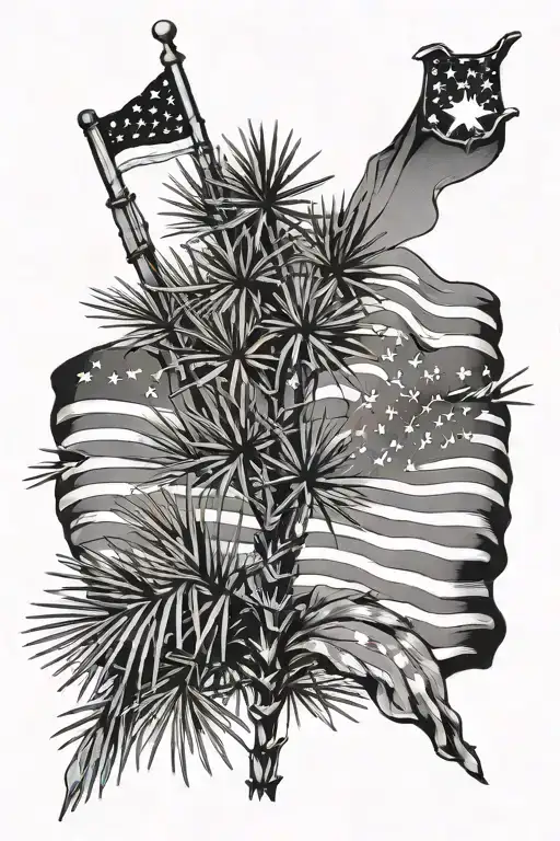 Palmetto Bush And Pine Tree With American Flag And United States Flag