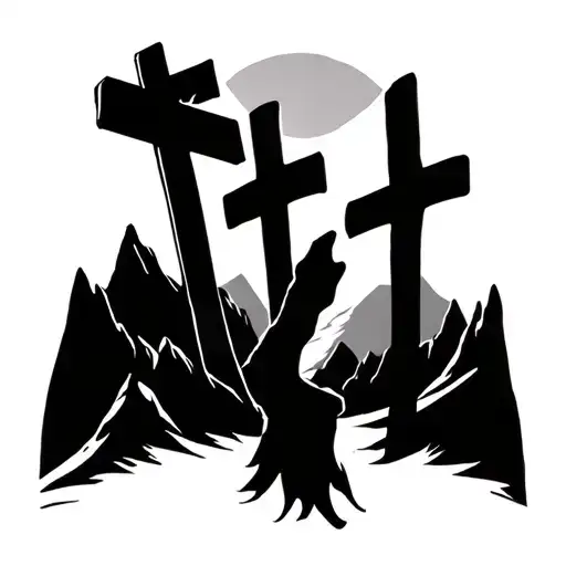 3 Crosses Merged Together With Mountains In Background And Sunset