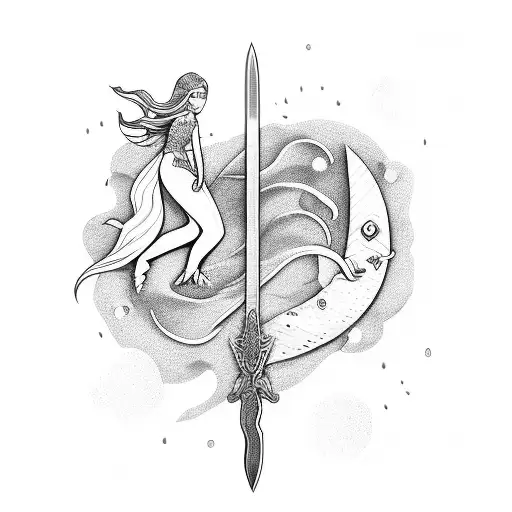 Whimsical Straight Sword With Mermaids Swimming Around It