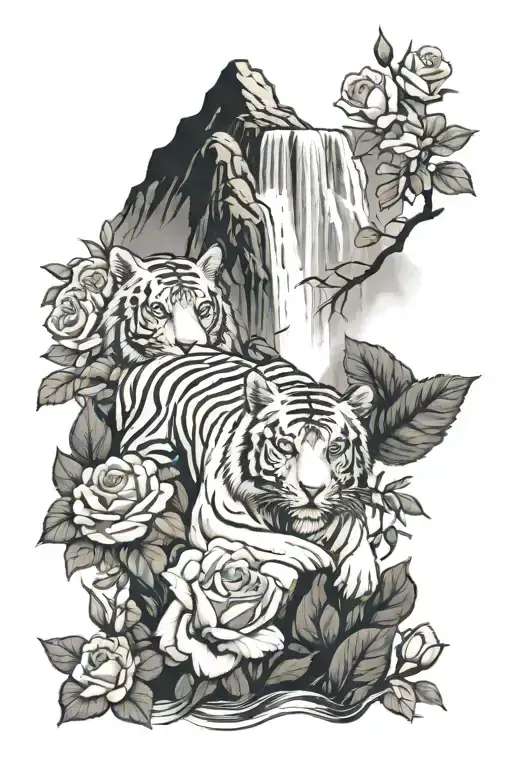 Mountain Waterfall With Roses And Tiger