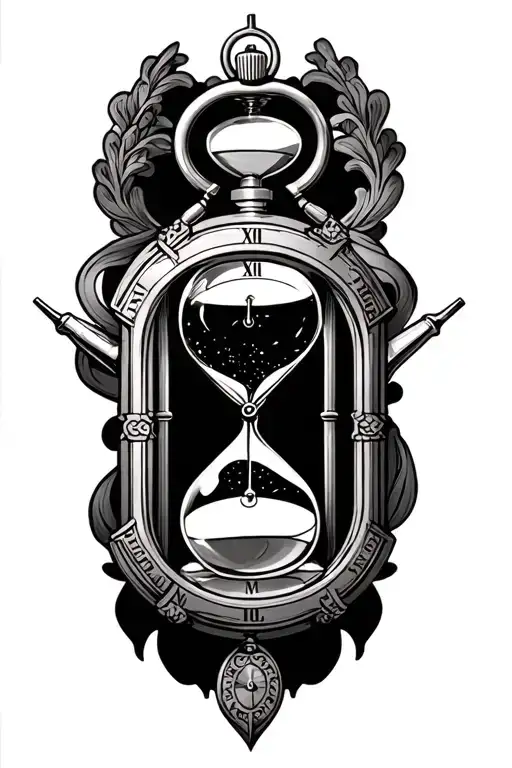 Arm Tattoo Pocketwatch With Hourglass And Arms Pointed To The 10 And 11