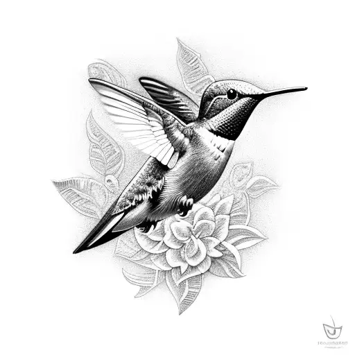 A Realistic Black And Grey Hummingbird Surrounded By Intricate Dotwork Florals