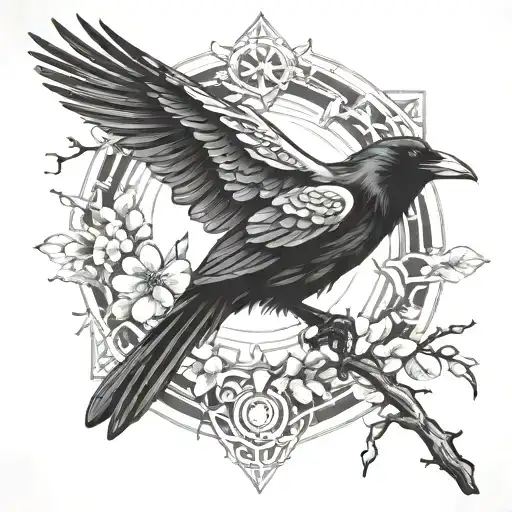 Cyber Sigilism With Raven And Cherry Blossoms