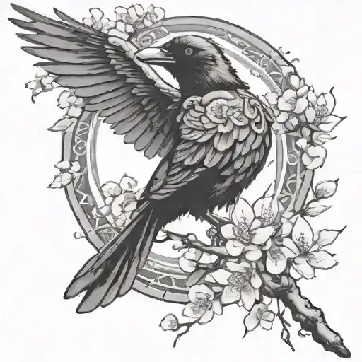 Cyber Sigilism With Raven And Cherry Blossoms