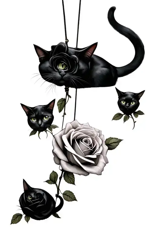Black Cats And Roses On String With Shadows