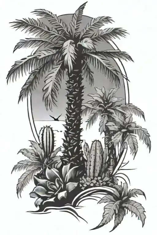 Palm Tree With Cactus Shaded Around It