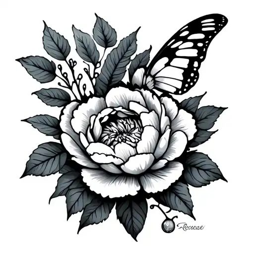 Peony Hip Tattoo With Bones And Leaves Butterly And A Single Kilt
