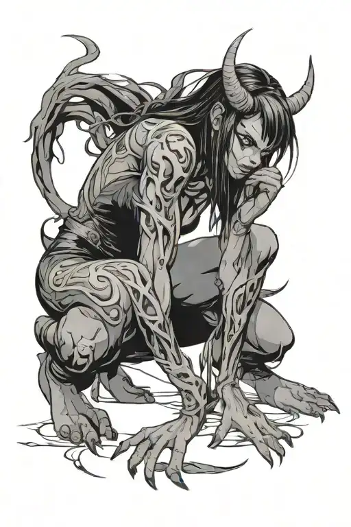 Demon Girl Crouching Touching Another Demo Human Character Sexy