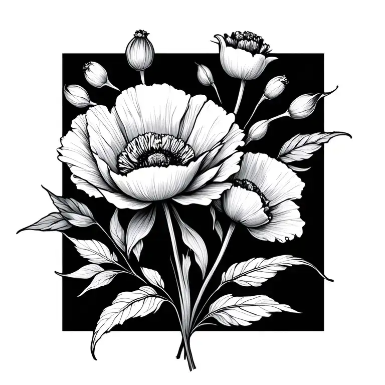 Poppy Flower And Leaves Fine Line Bouquet