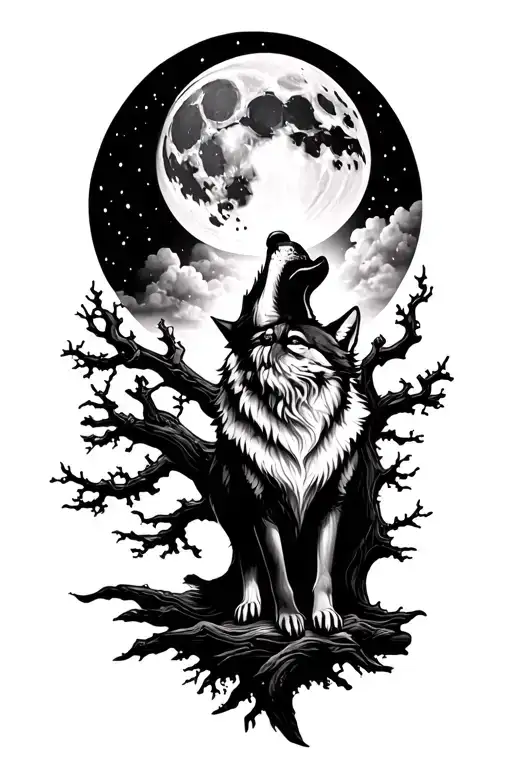 Wolf Howling At The Moon In Front Of A Tree Intertwined